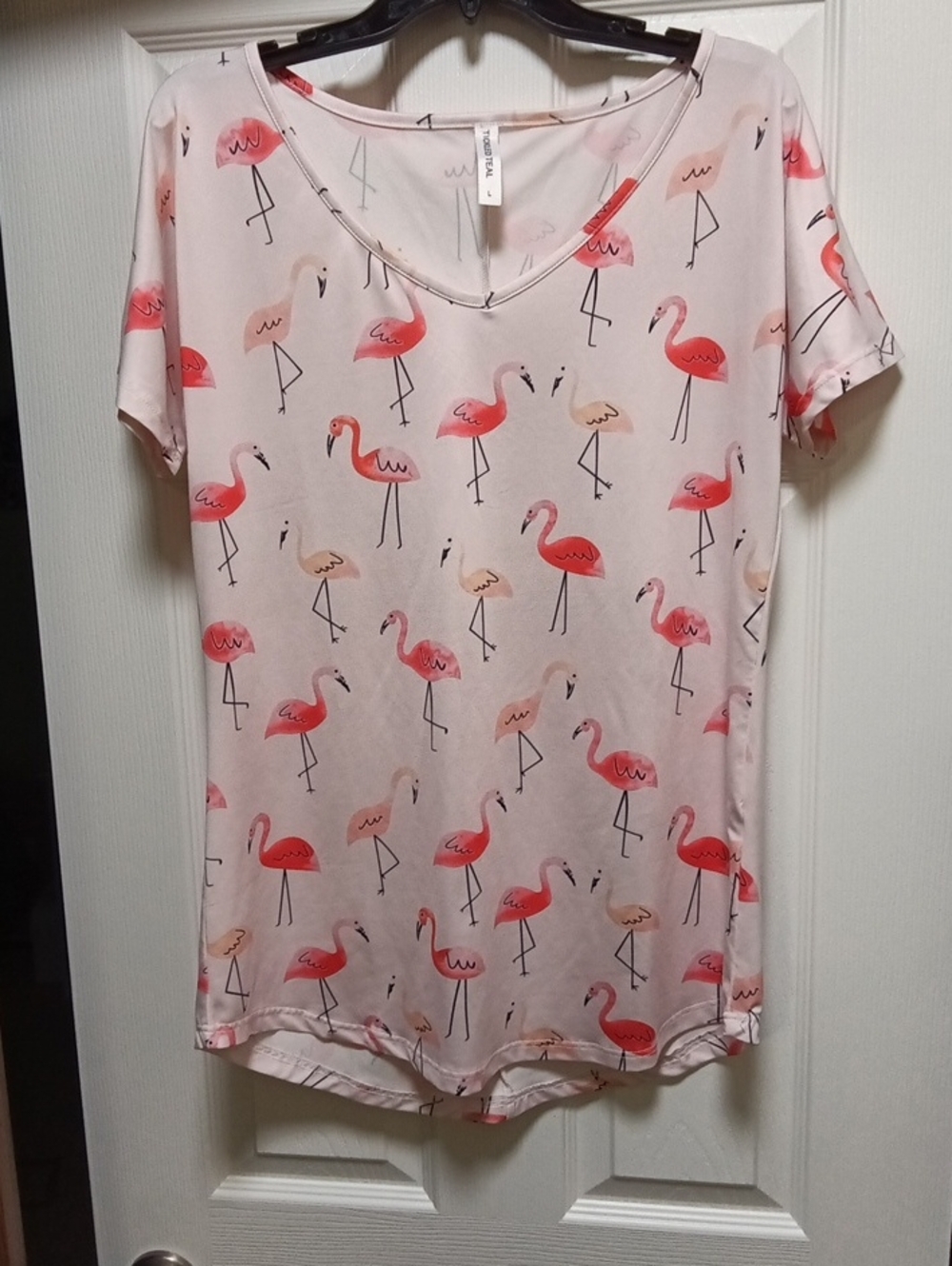 Tickled Teal Flamingo Graphic Tee — Pink and Coral Size L
